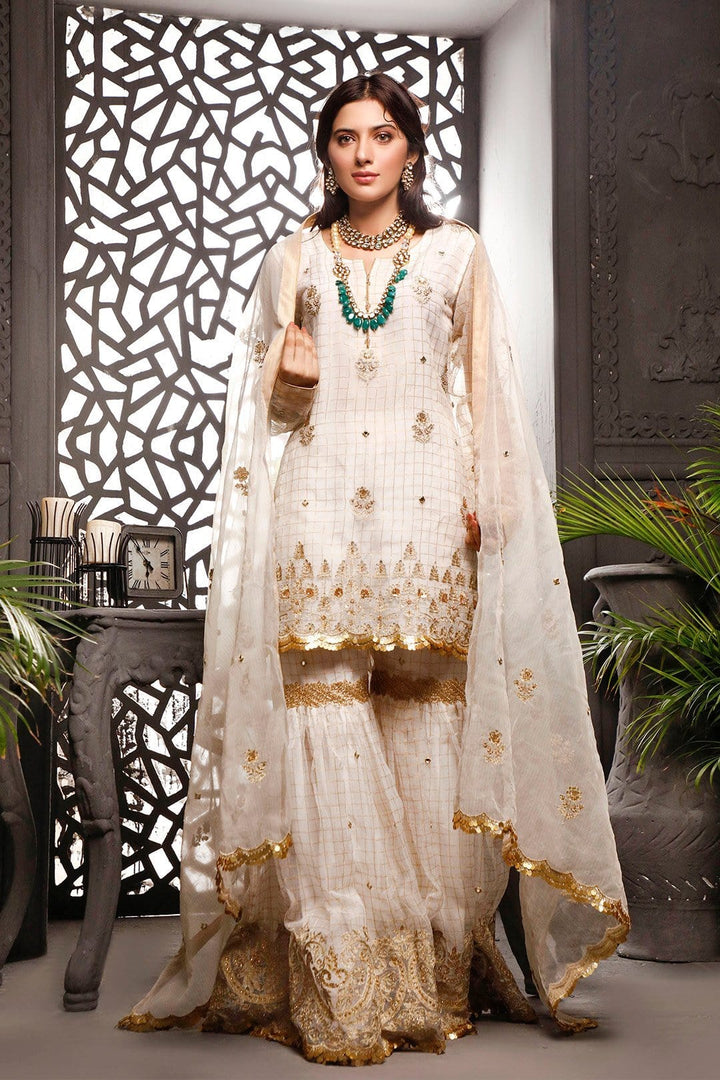 Sanas - Aari Embroidered Zari Organza Gharara Suit | Nikhaar | G202020