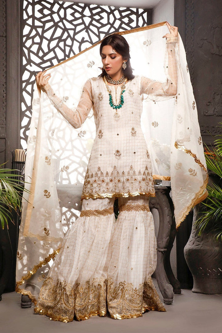 Sanas - Aari Embroidered Zari Organza Gharara Suit | Nikhaar | G202020