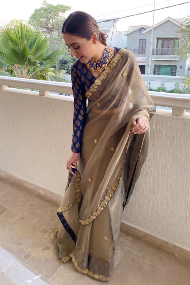 Sanas - Aari Embroidered Banarsi Organza Saree | SIRA | SR202055