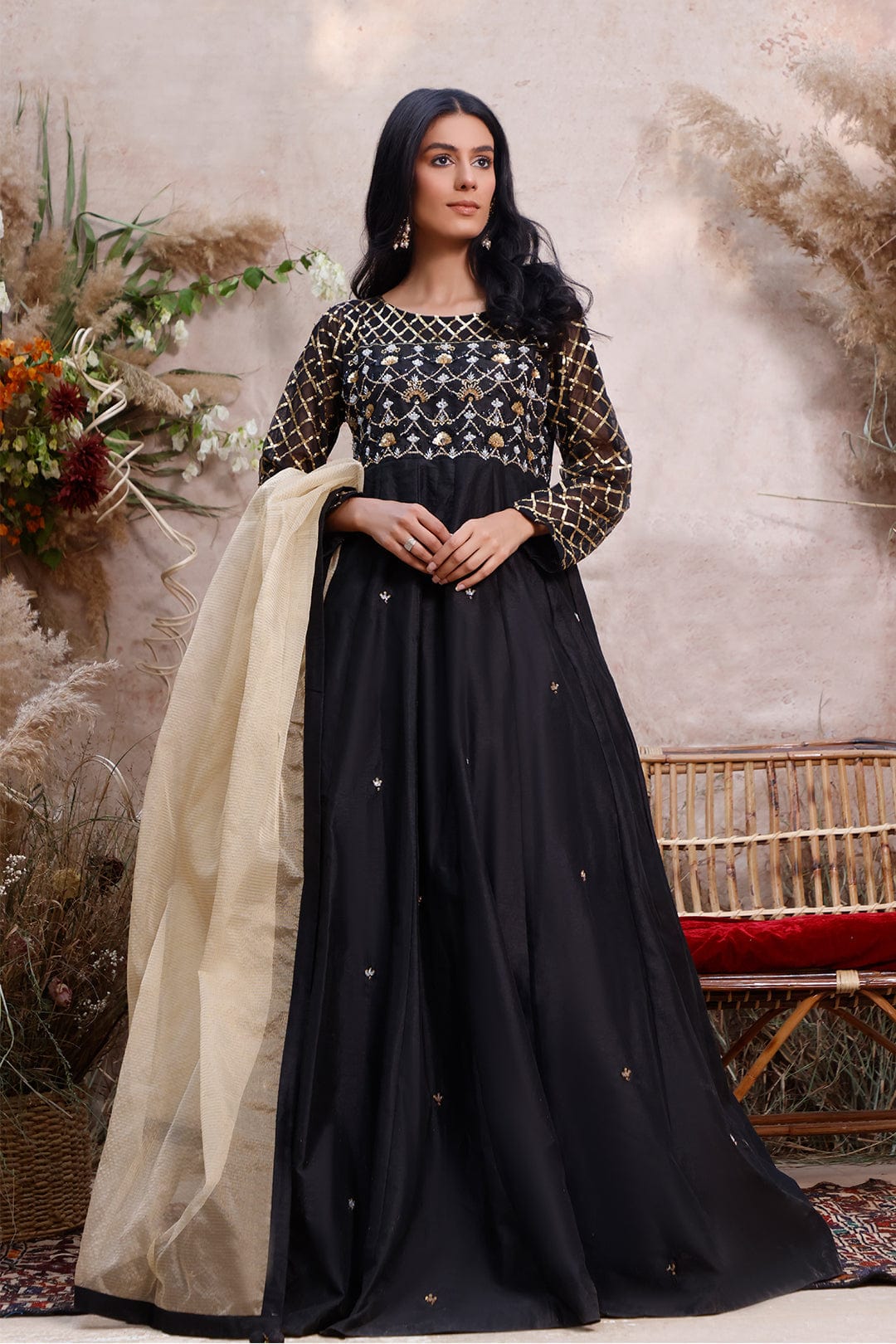Sanas - Handwork Embroidered Raw Silk Wedding Maxi | MEHRU | M201963
