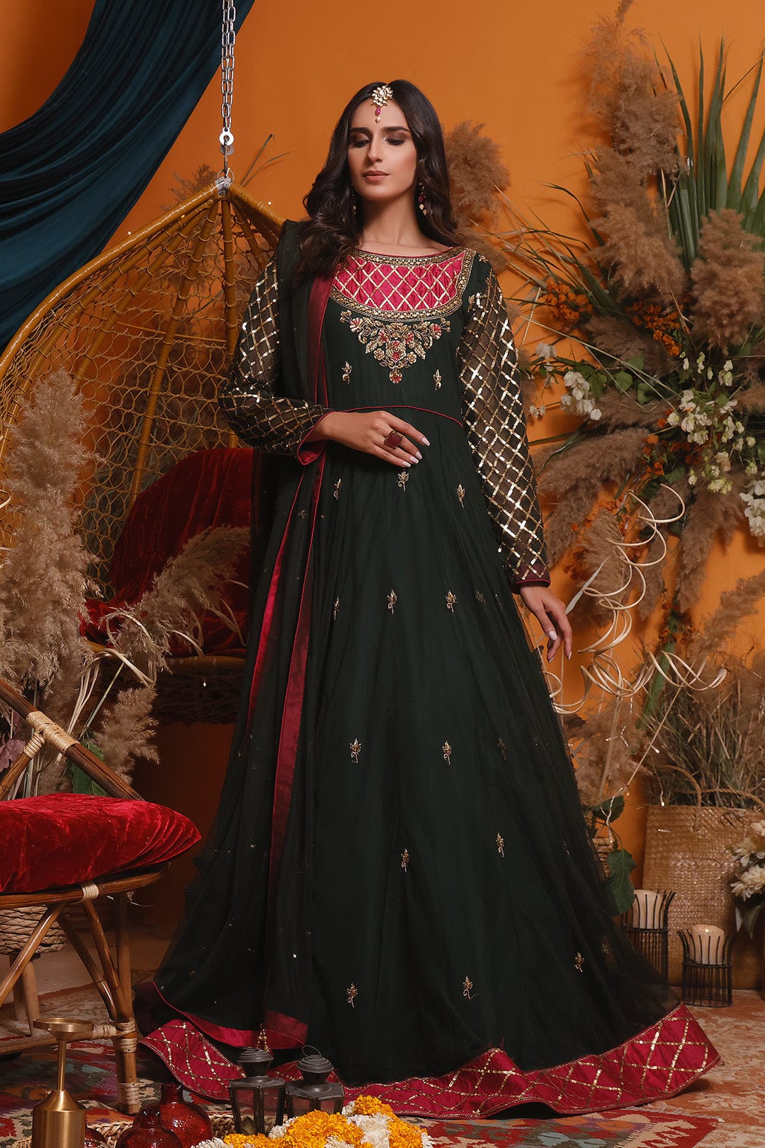 Sanas - Handwork Embroidered Yoke Style Long Maxi | MEHRU | M202155