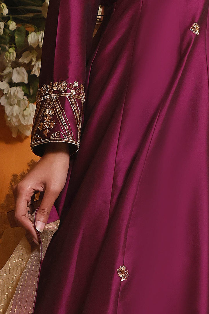 Sanas - Handwork Embroidered Lychee Silk Long Maxi | MEHRU | M202154