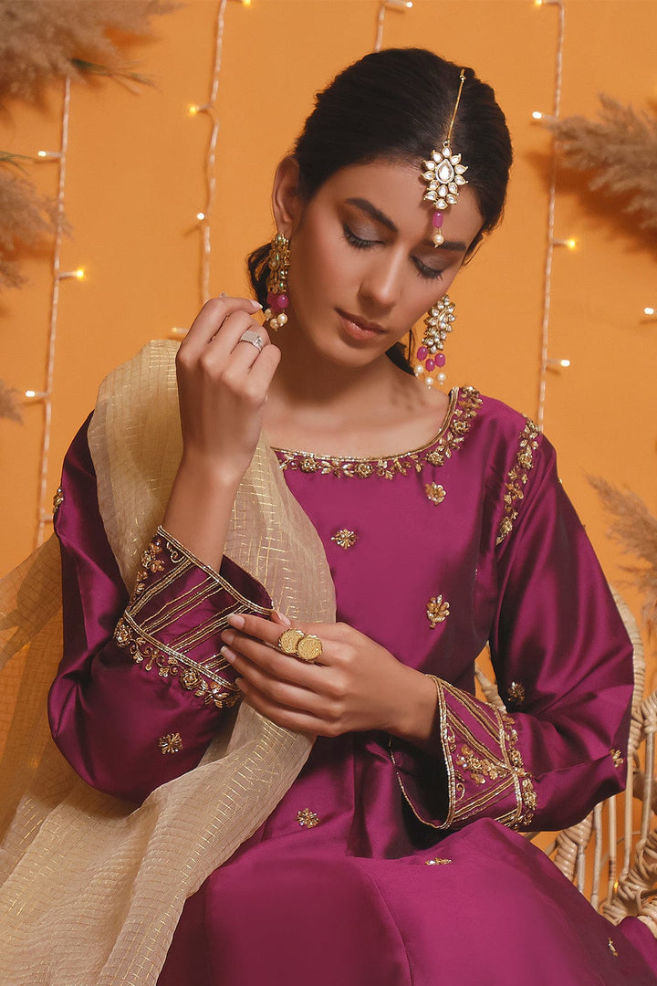 Sanas - Handwork Embroidered Lychee Silk Long Maxi | MEHRU | M202154