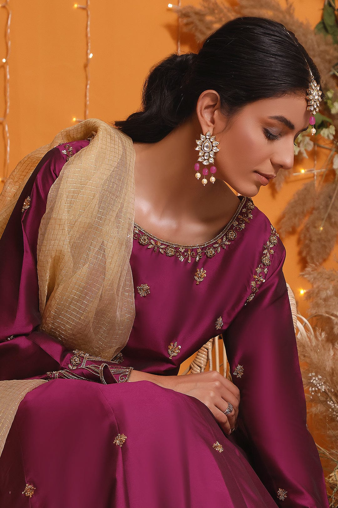 Sanas - Handwork Embroidered Lychee Silk Long Maxi | MEHRU | M202154