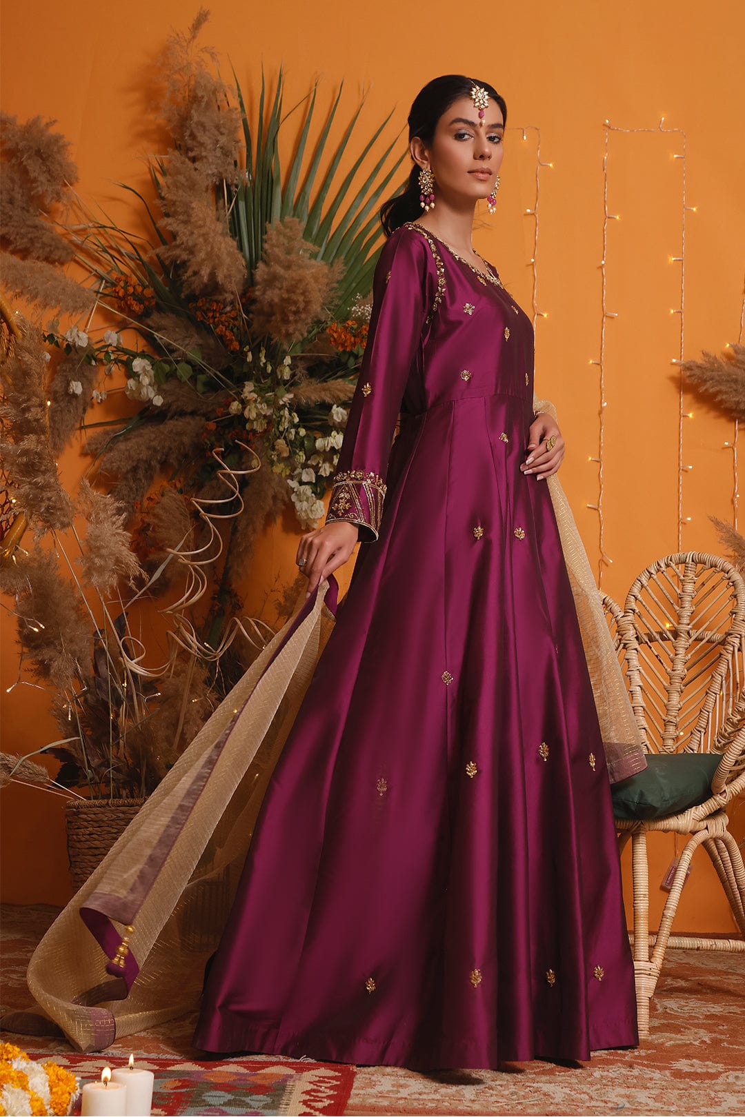 Sanas - Handwork Embroidered Lychee Silk Long Maxi | MEHRU | M202154