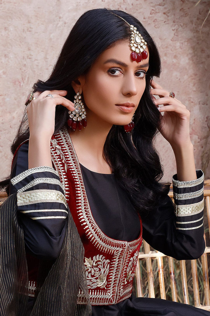 Sanas - Zari Embroidered Lychee Silk Long Maxi | MEHRU | M202168