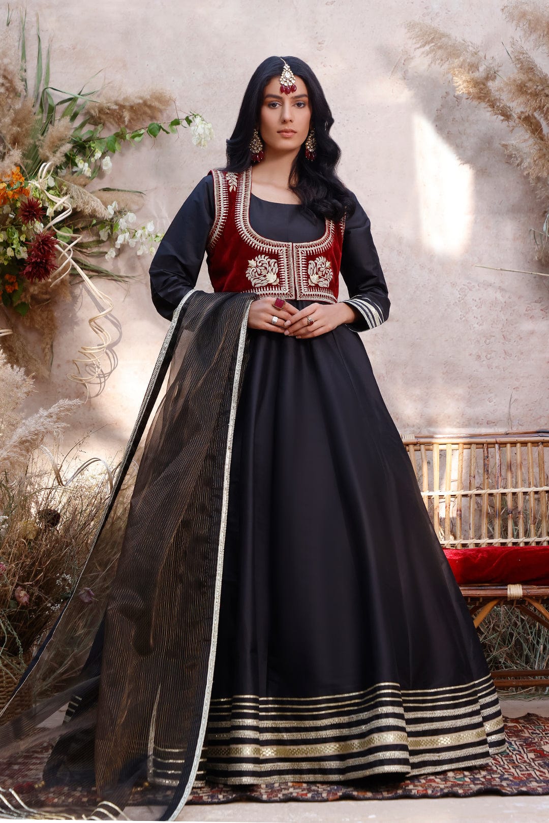 Sanas - Zari Embroidered Lychee Silk Long Maxi | MEHRU | M202168