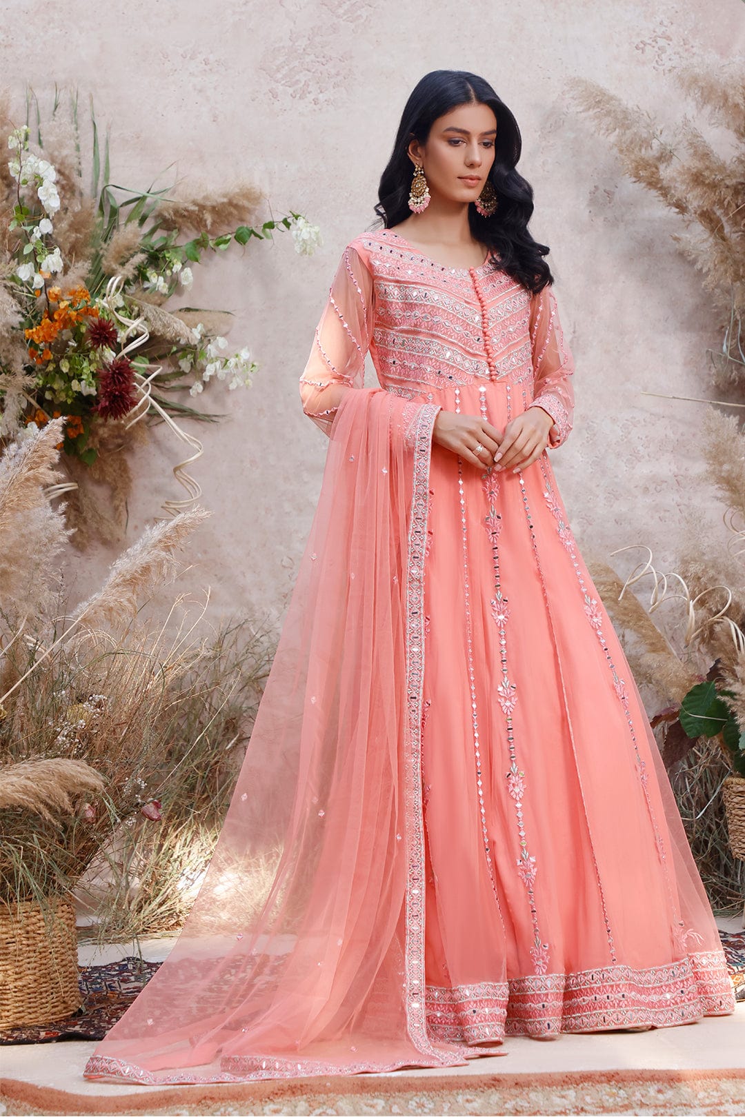 Sanas - Mirror Embroidered Net Long Maxi | MEHRU | M202158