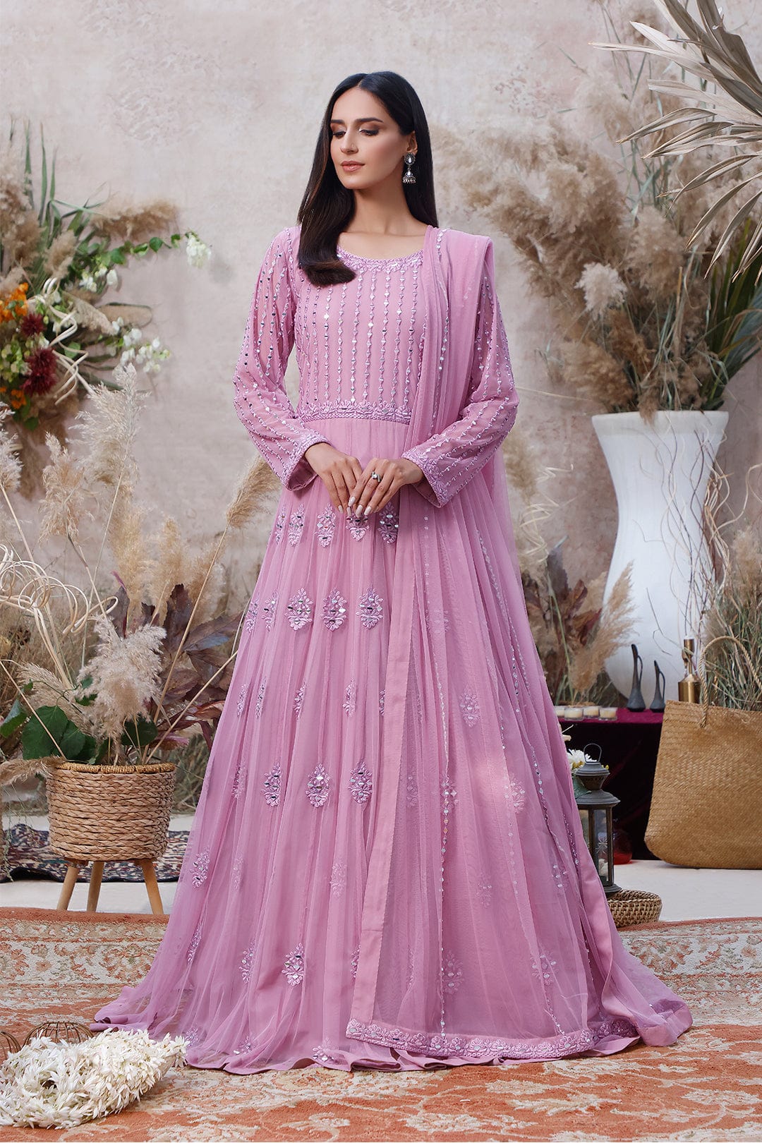 Sanas - Mirror Embroidered Net Long Maxi | MEHRU | M202156
