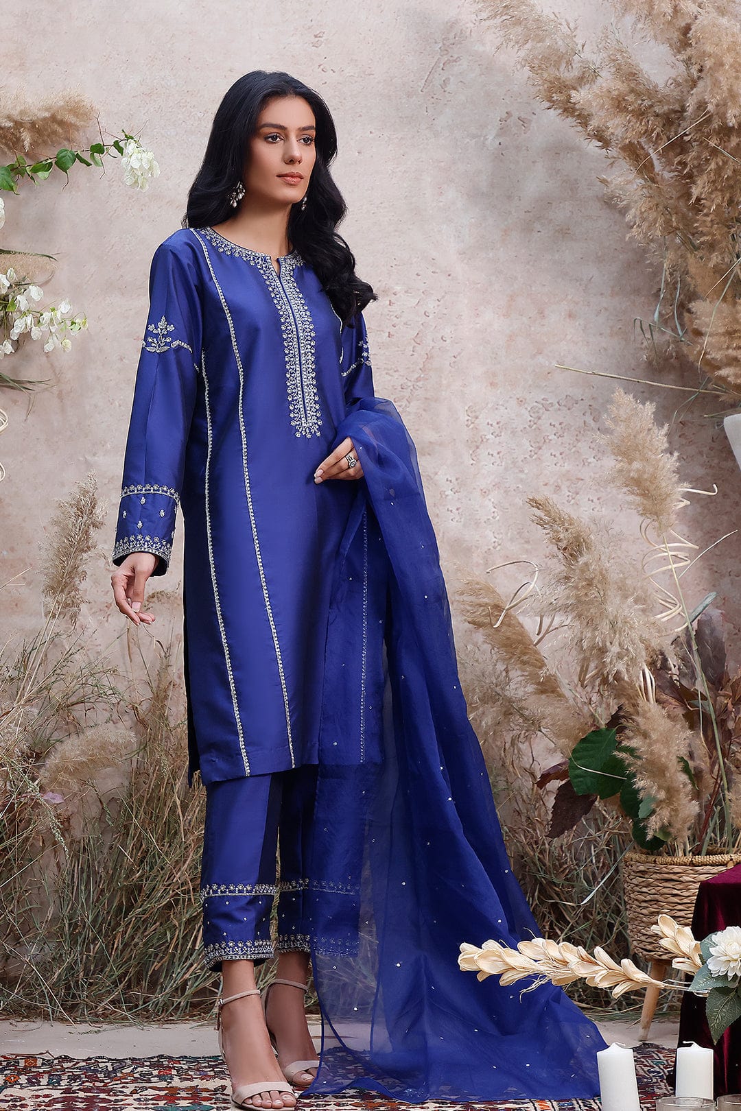 Sanas - Handwork Embroidered Lychee Silk 3pc Suit | MEHRU | S202165