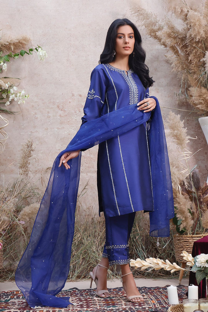 Sanas - Handwork Embroidered Lychee Silk 3pc Suit | MEHRU | S202165