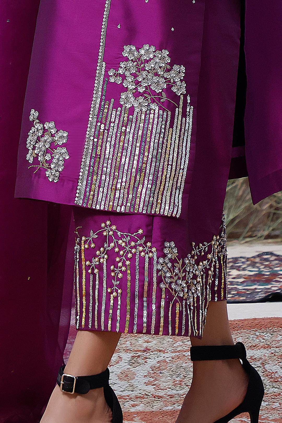 Sanas - Handwork Embroidered Lychee Silk 3pc Suit | MEHRU | S202159