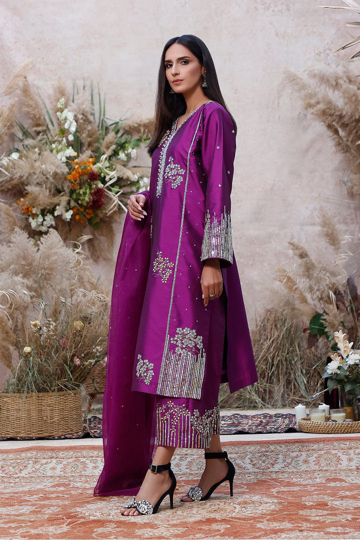 Sanas - Handwork Embroidered Lychee Silk 3pc Suit | MEHRU | S202159