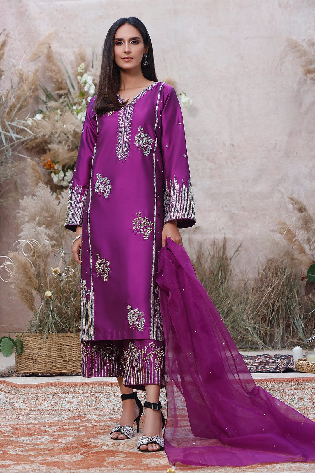 Sanas - Handwork Embroidered Lychee Silk 3pc Suit | MEHRU | S202159