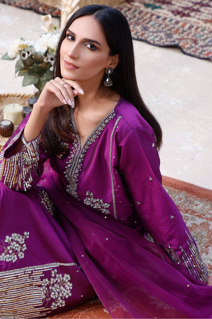 Sanas - Handwork Embroidered Lychee Silk 3pc Suit | MEHRU | S202159