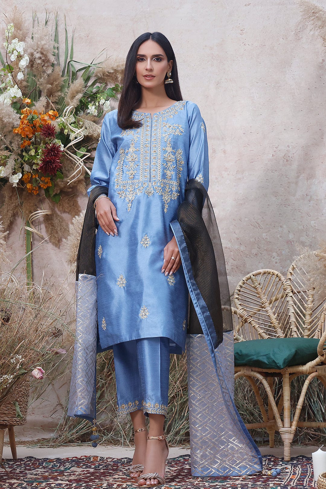 Sanas - Raw Silk Aari Embroidered 3pc Luxury Pret | MEHRU | s202174