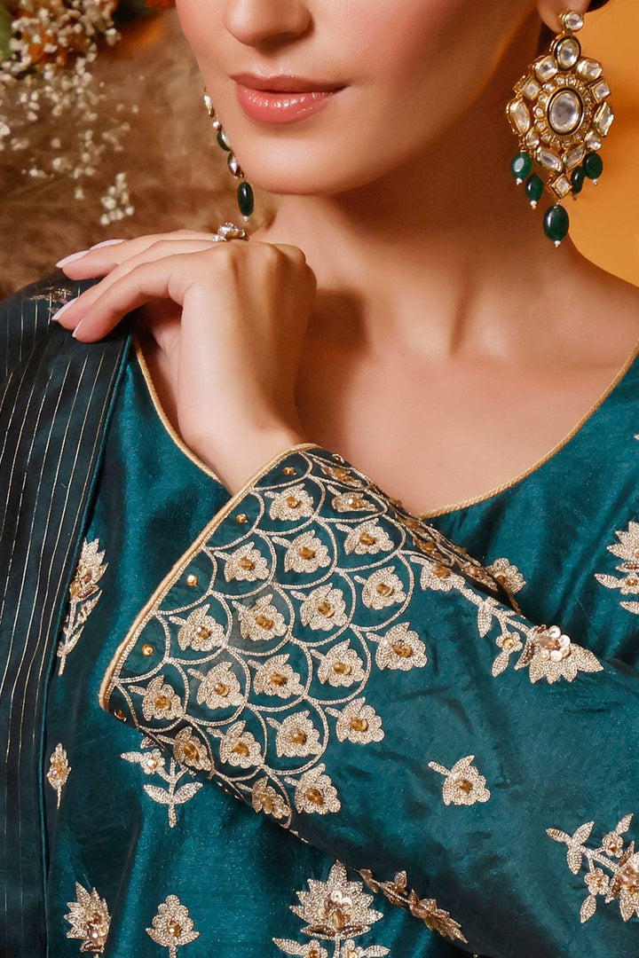 Sanas - Zari Embroidered Raw Silk Gharara Suit | MEHRU | G202157