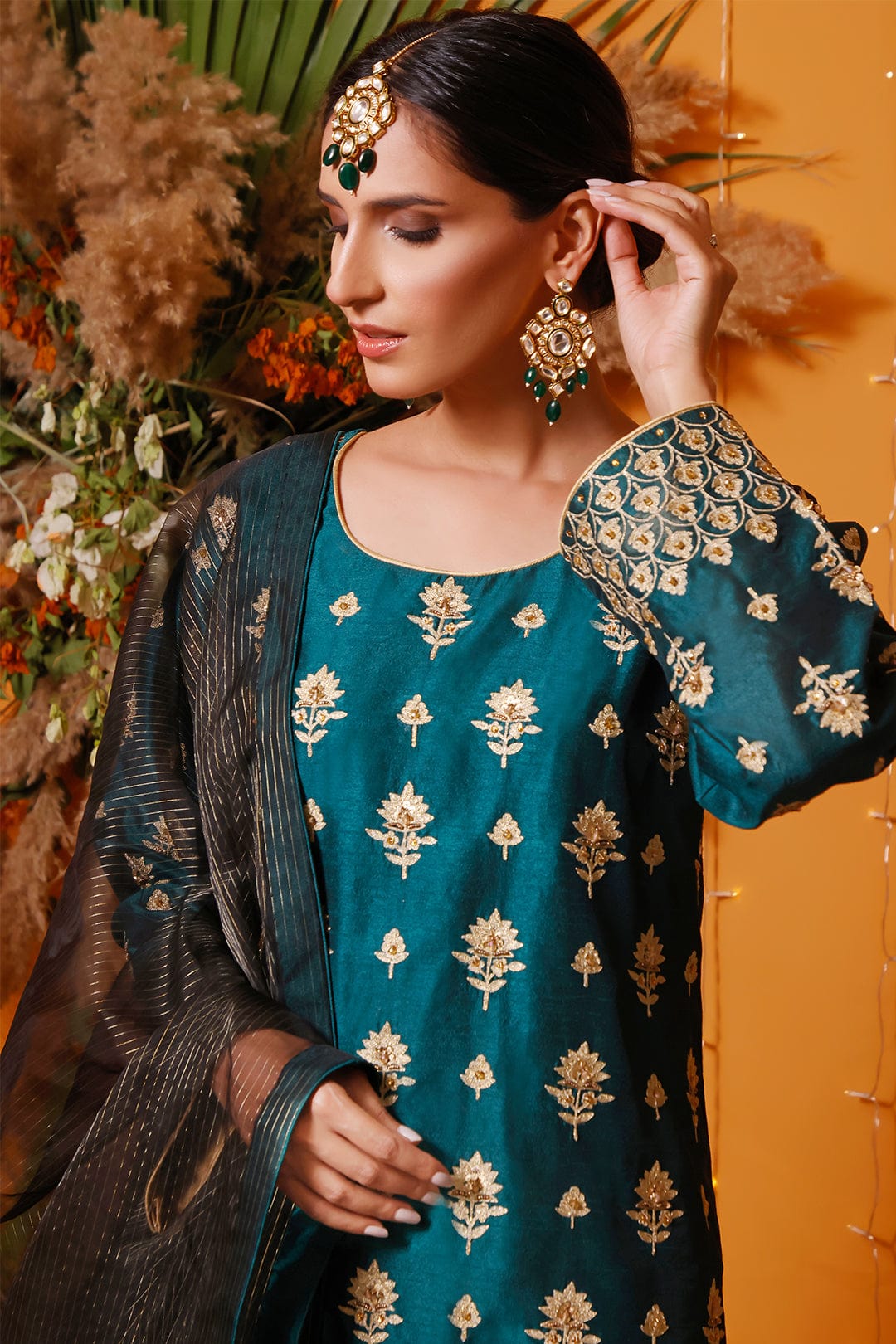 Sanas - Zari Embroidered Raw Silk Gharara Suit | MEHRU | G202157