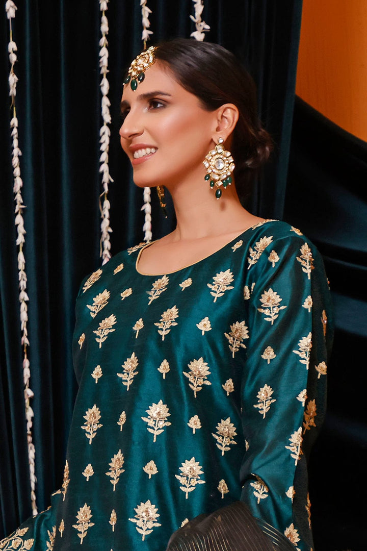 Sanas - Zari Embroidered Raw Silk Gharara Suit | MEHRU | G202157