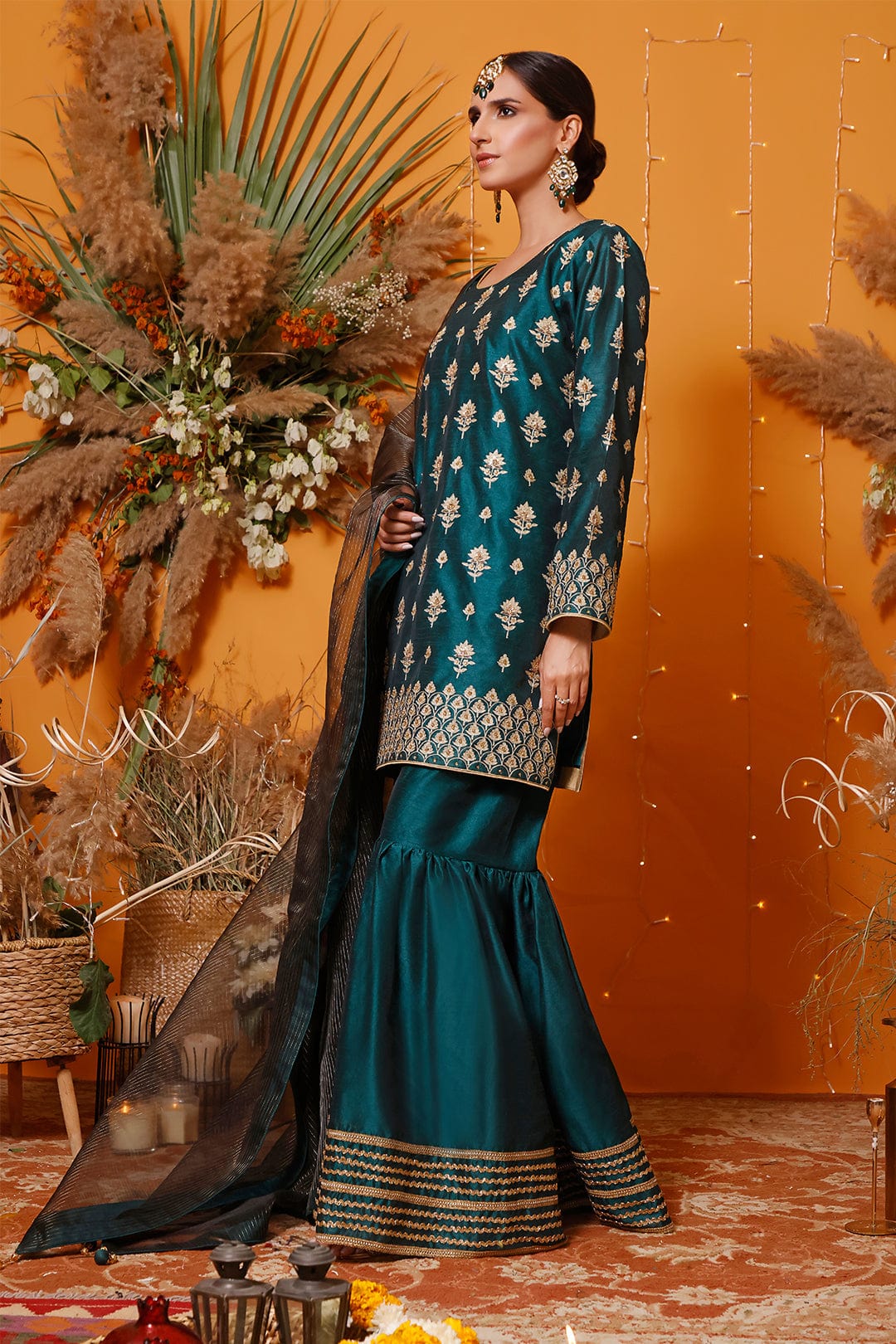 Sanas - Zari Embroidered Raw Silk Gharara Suit | MEHRU | G202157
