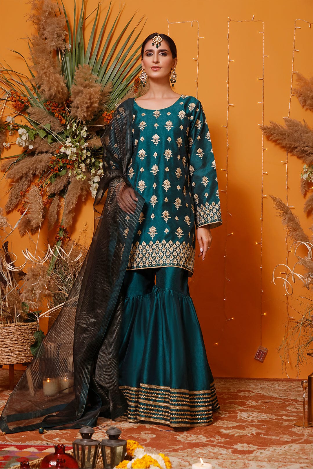 Sanas - Zari Embroidered Raw Silk Gharara Suit | MEHRU | G202157
