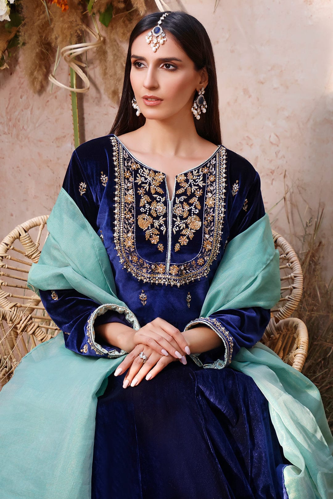 Sanas - Handwork Embroidered Long Velvet Maxi | MEHRU | M202033