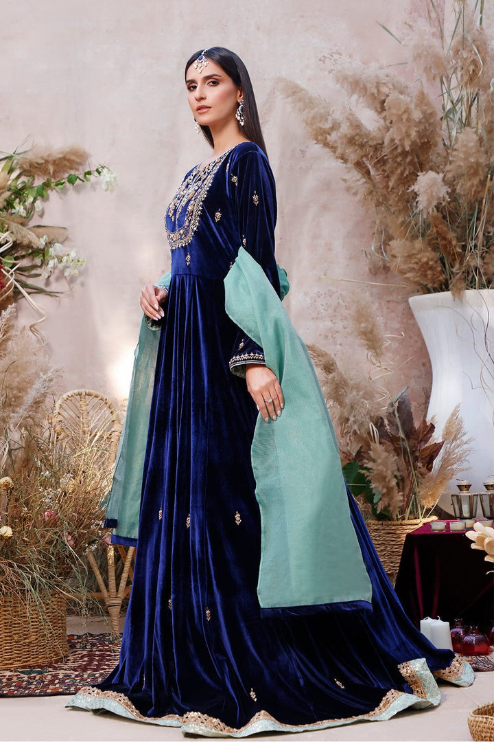 Sanas - Handwork Embroidered Long Velvet Maxi | MEHRU | M202033