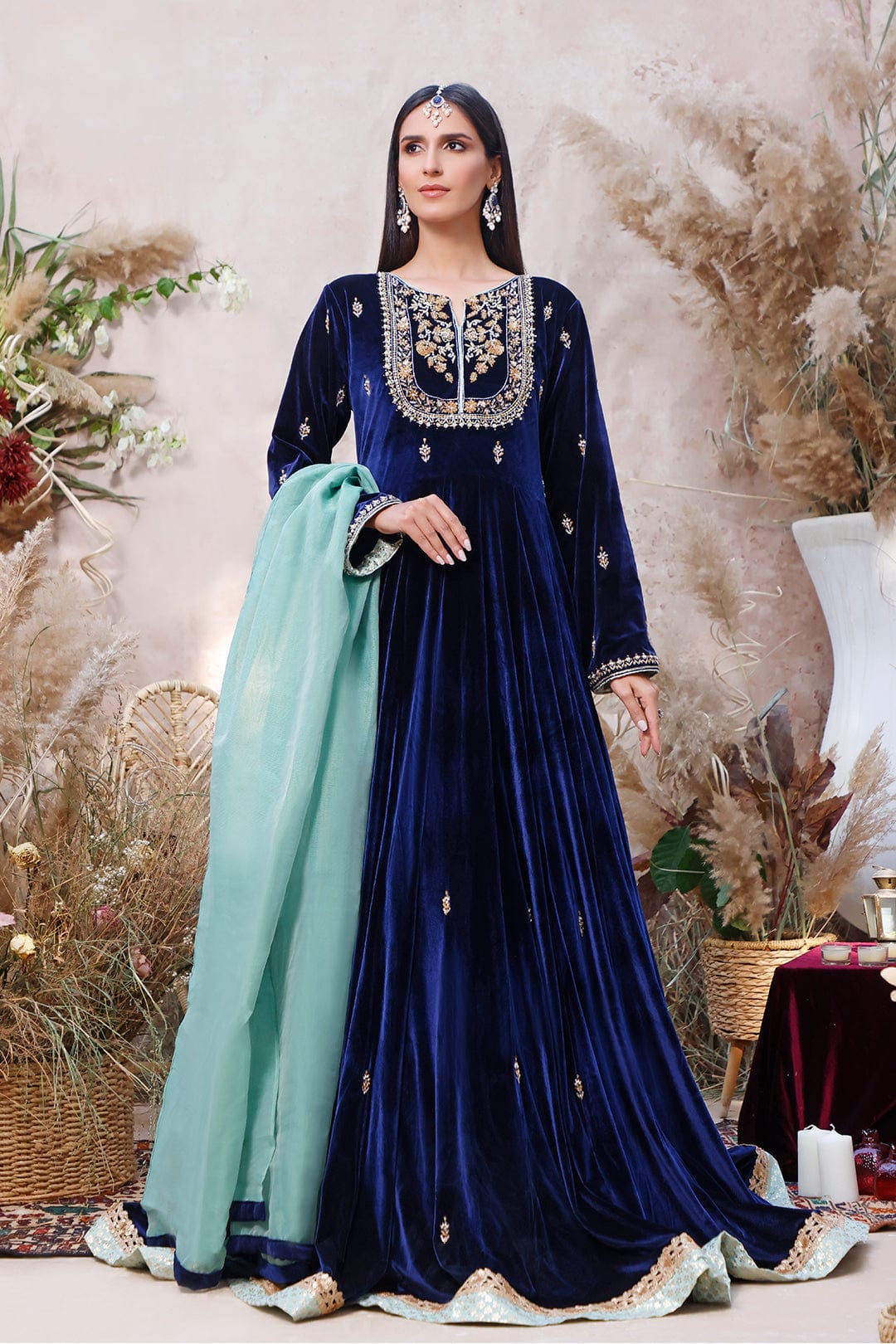 Sanas - Handwork Embroidered Long Velvet Maxi | MEHRU | M202033