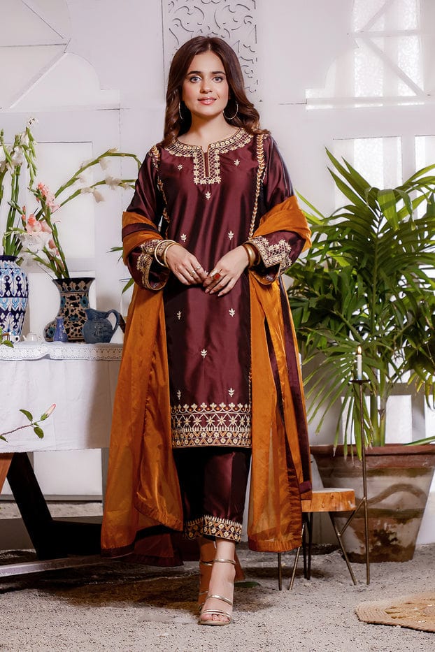 Sanas - Embroidered Lychee Silk Luxury Pret 3pc Suit | KAIRA | S202187