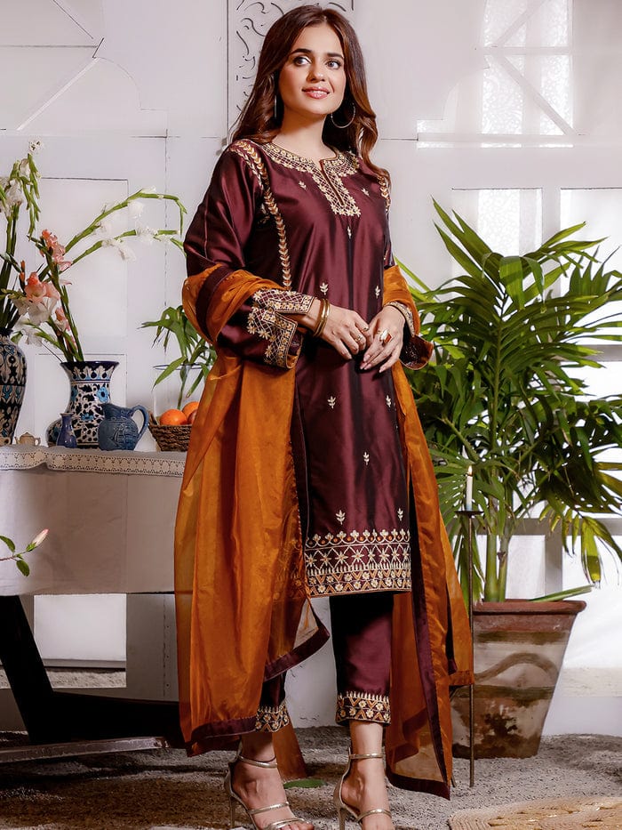 Sanas - Embroidered Lychee Silk Luxury Pret 3pc Suit | KAIRA | S202187