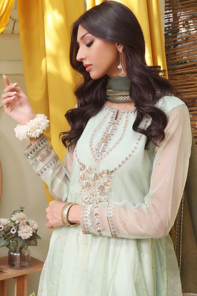Sanas - Embroidered Zari Organza 3 Piece Suit - SHIREEN FESTIVE - S202265 - Mint Green