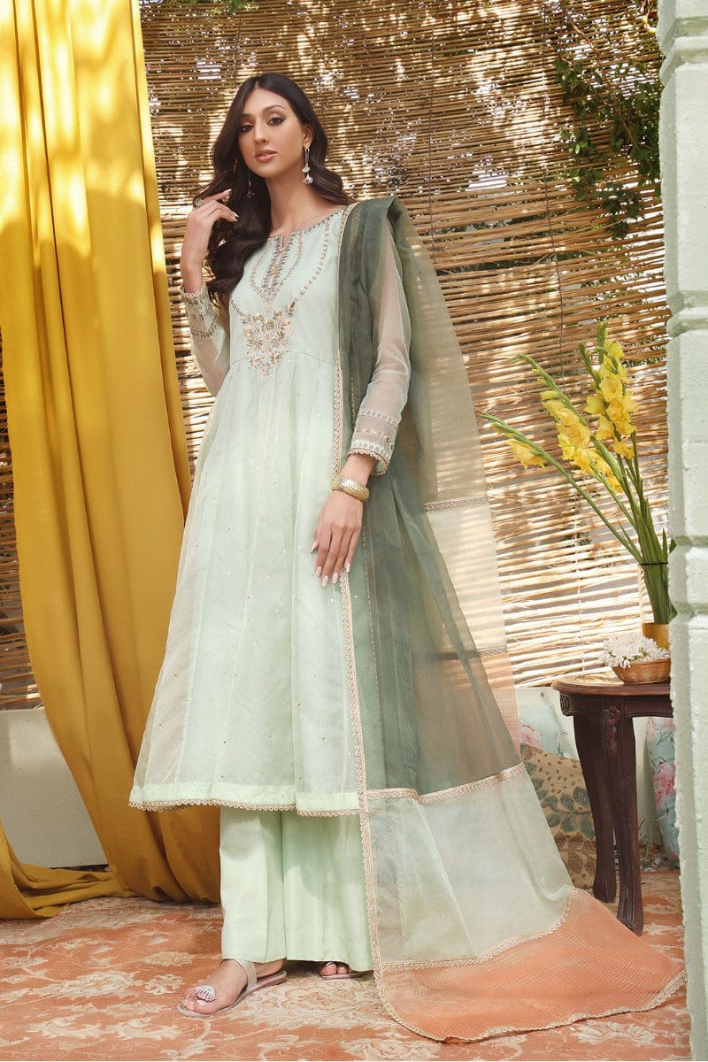 Sanas - Embroidered Zari Organza 3 Piece Suit - SHIREEN FESTIVE - S202265 - Mint Green