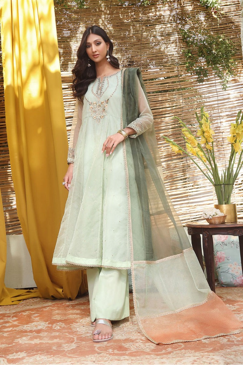 Sanas - Embroidered Zari Organza 3 Piece Suit - SHIREEN FESTIVE - S202265 - Mint Green