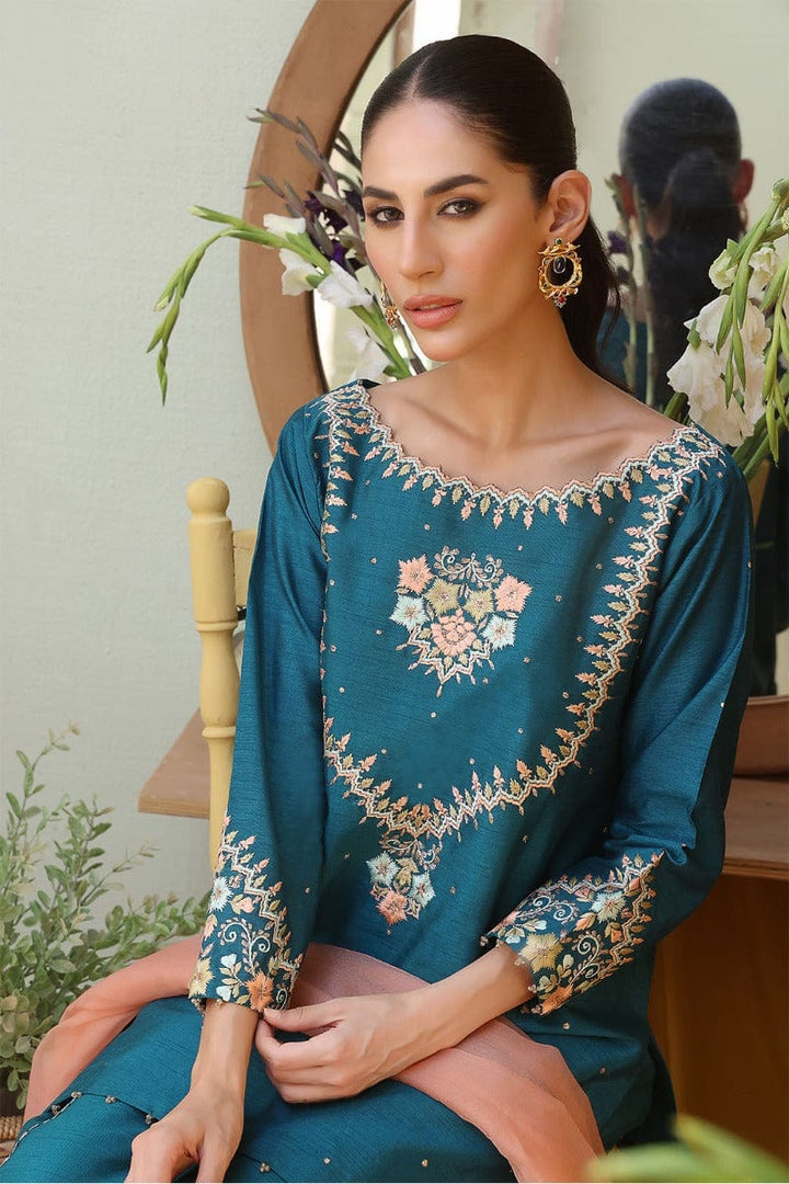 Sanas - Raw Silk Embroidered 3 Piece Suit - SHIREEN FESTIVE - P202257 - Sea Green