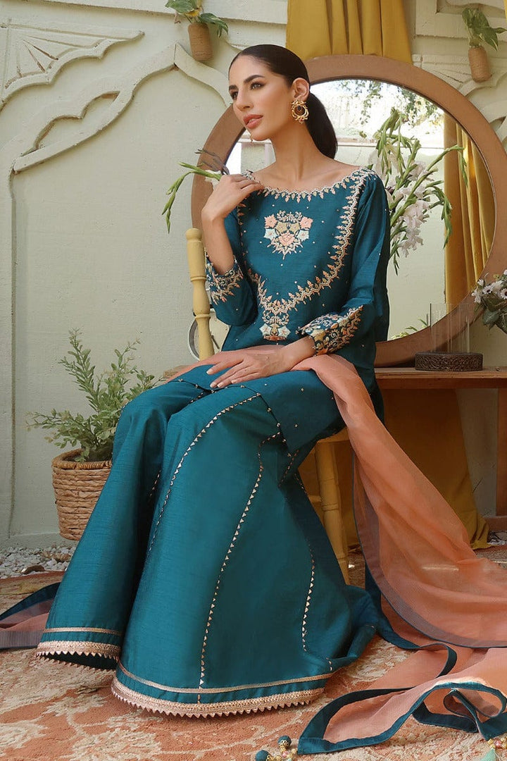 Sanas - Raw Silk Embroidered 3 Piece Suit - SHIREEN FESTIVE - P202257 - Sea Green