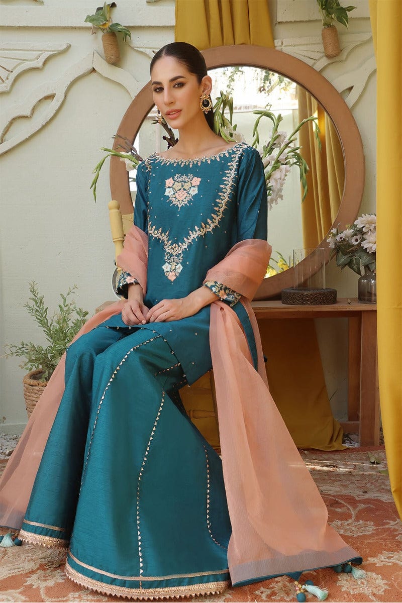 Sanas - Raw Silk Embroidered 3 Piece Suit - SHIREEN FESTIVE - P202257 - Sea Green