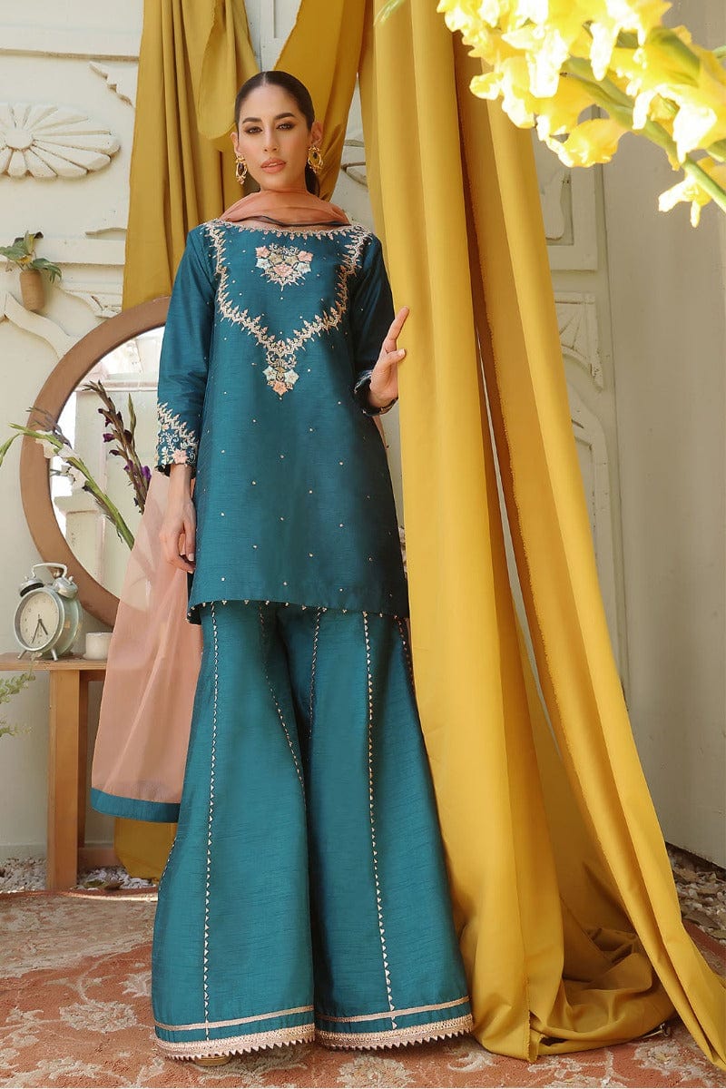 Sanas - Raw Silk Embroidered 3 Piece Suit - SHIREEN FESTIVE - P202257 - Sea Green