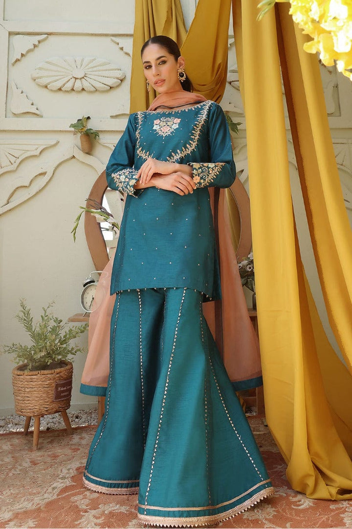 Sanas - Raw Silk Embroidered 3 Piece Suit - SHIREEN FESTIVE - P202257 - Sea Green