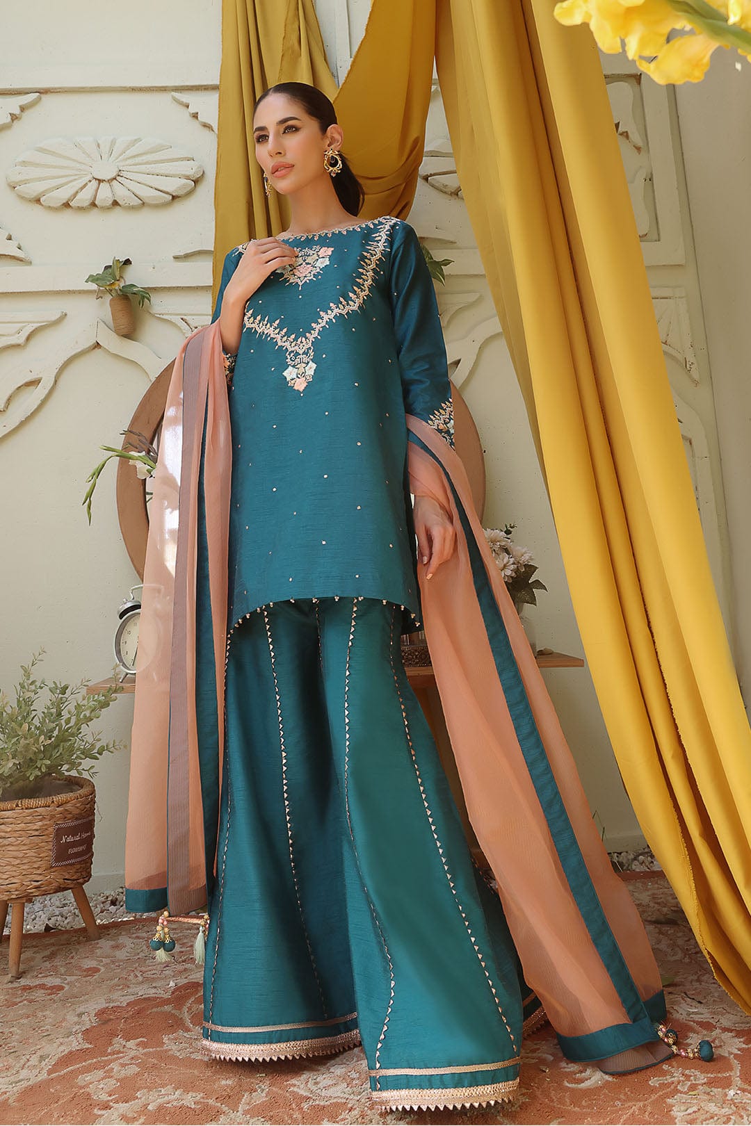 Sanas - Raw Silk Embroidered 3 Piece Suit - SHIREEN FESTIVE - P202257 - Sea Green