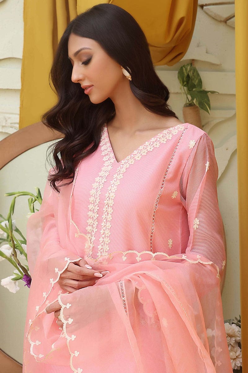 Sanas - Aari Embroidered Cotton Net 3 Piece Suit - SHIREEN FESTIVE - S202261 - Candy Pink