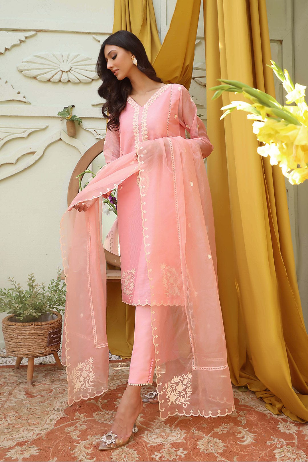 Sanas - Aari Embroidered Cotton Net 3 Piece Suit - SHIREEN FESTIVE - S202261 - Candy Pink