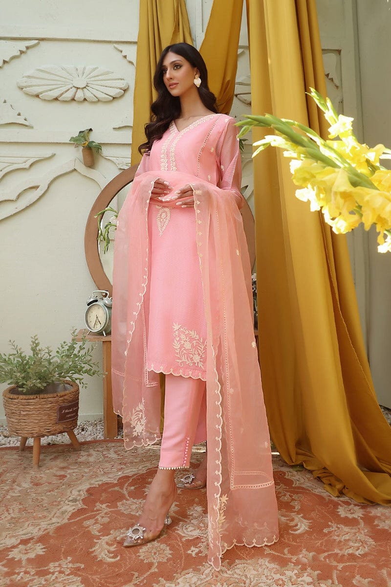 Sanas - Aari Embroidered Cotton Net 3 Piece Suit - SHIREEN FESTIVE - S202261 - Candy Pink