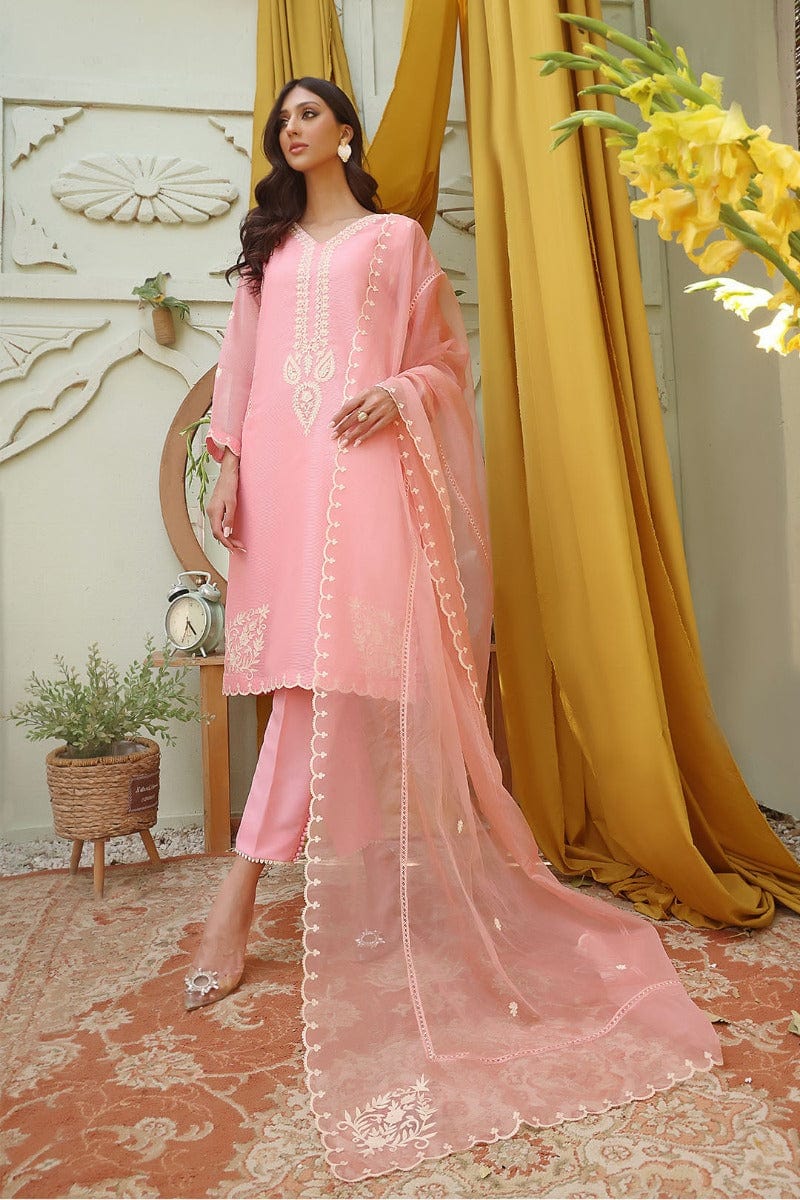 Sanas - Aari Embroidered Cotton Net 3 Piece Suit - SHIREEN FESTIVE - S202261 - Candy Pink