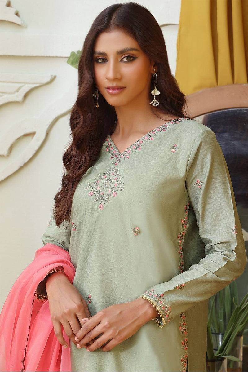 Sanas - Embroidered Raw Silk Gharara 3 Piece Suit - SHIREEN FESTIVE - G202258 - Pista Green