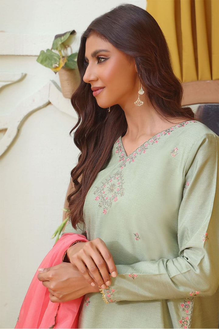 Sanas - Embroidered Raw Silk Gharara 3 Piece Suit - SHIREEN FESTIVE - G202258 - Pista Green