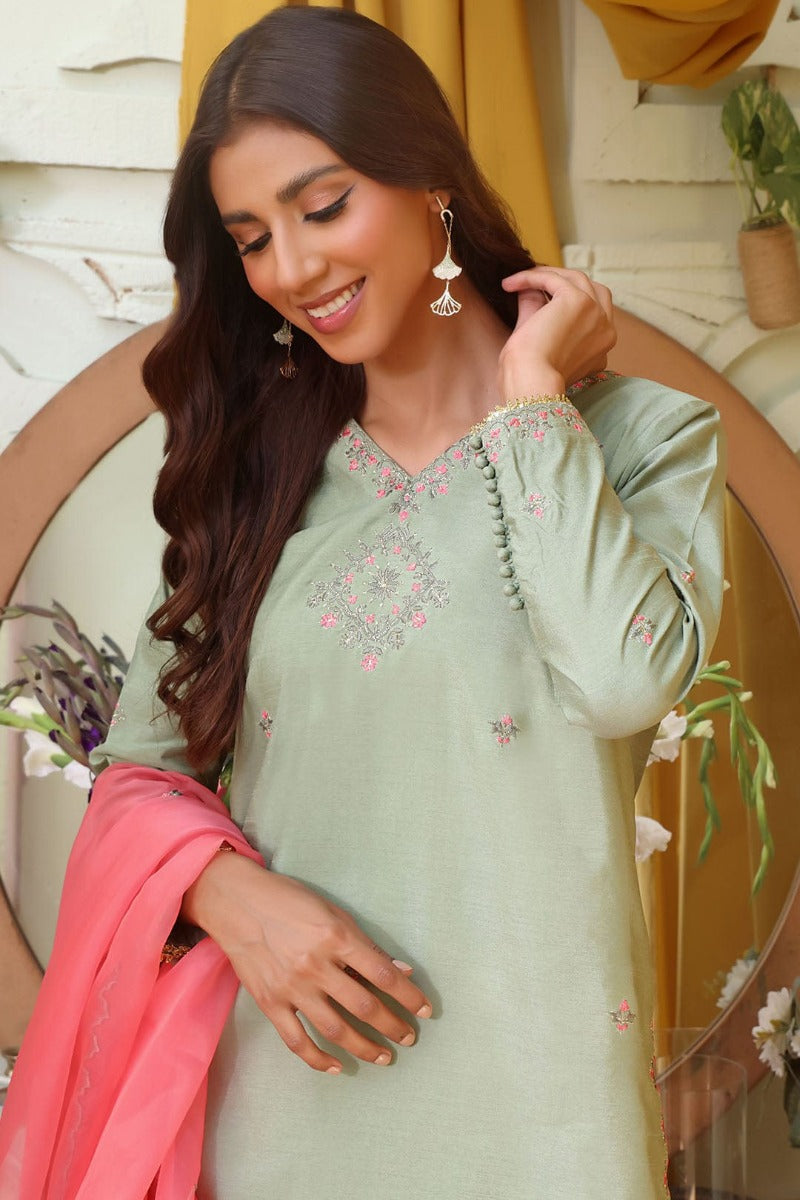 Sanas - Embroidered Raw Silk Gharara 3 Piece Suit - SHIREEN FESTIVE - G202258 - Pista Green