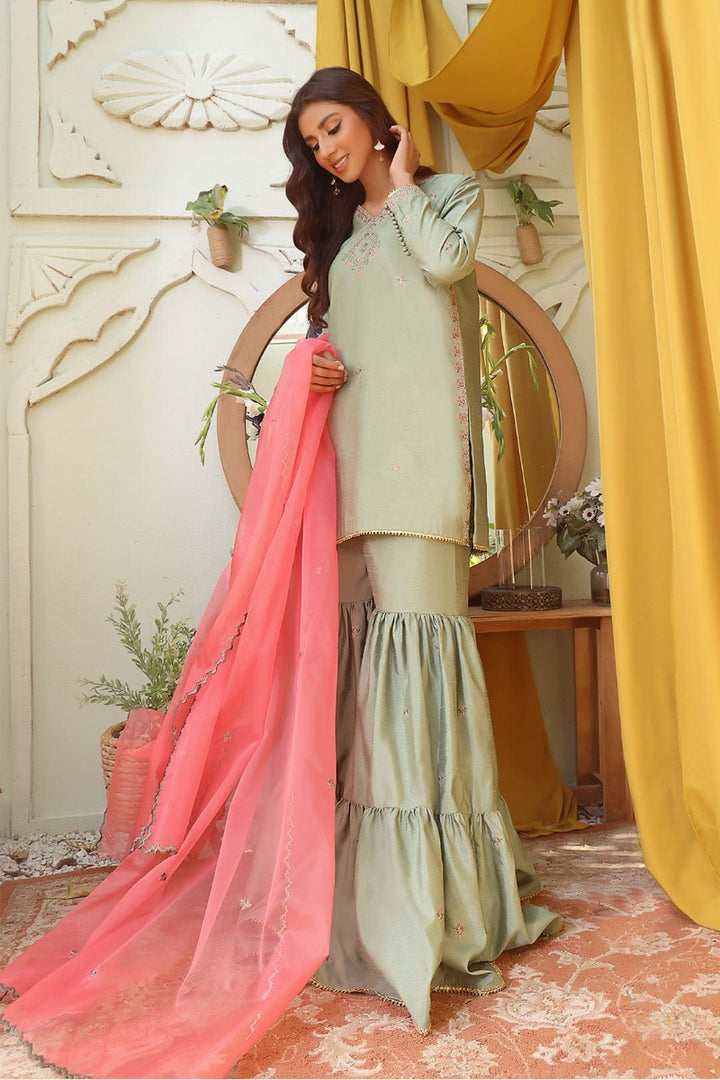 Sanas - Embroidered Raw Silk Gharara 3 Piece Suit - SHIREEN FESTIVE - G202258 - Pista Green