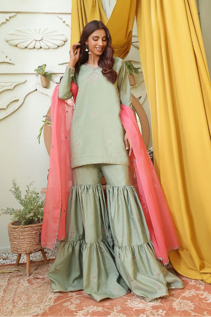 Sanas - Embroidered Raw Silk Gharara 3 Piece Suit - SHIREEN FESTIVE - G202258 - Pista Green