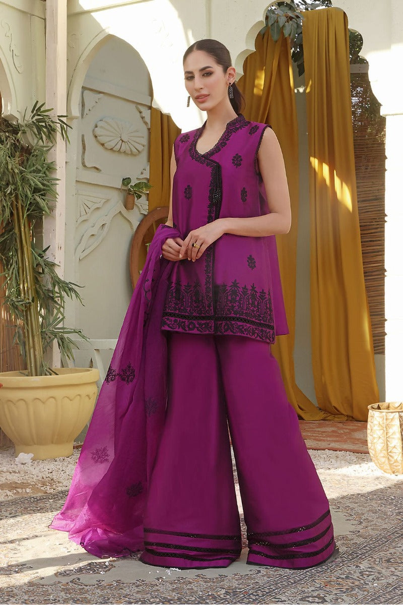 Sanas - Aari Embroidered Lychee Silk 3 Piece Suit - SHIREEN FESTIVE - P202271 - Magenta