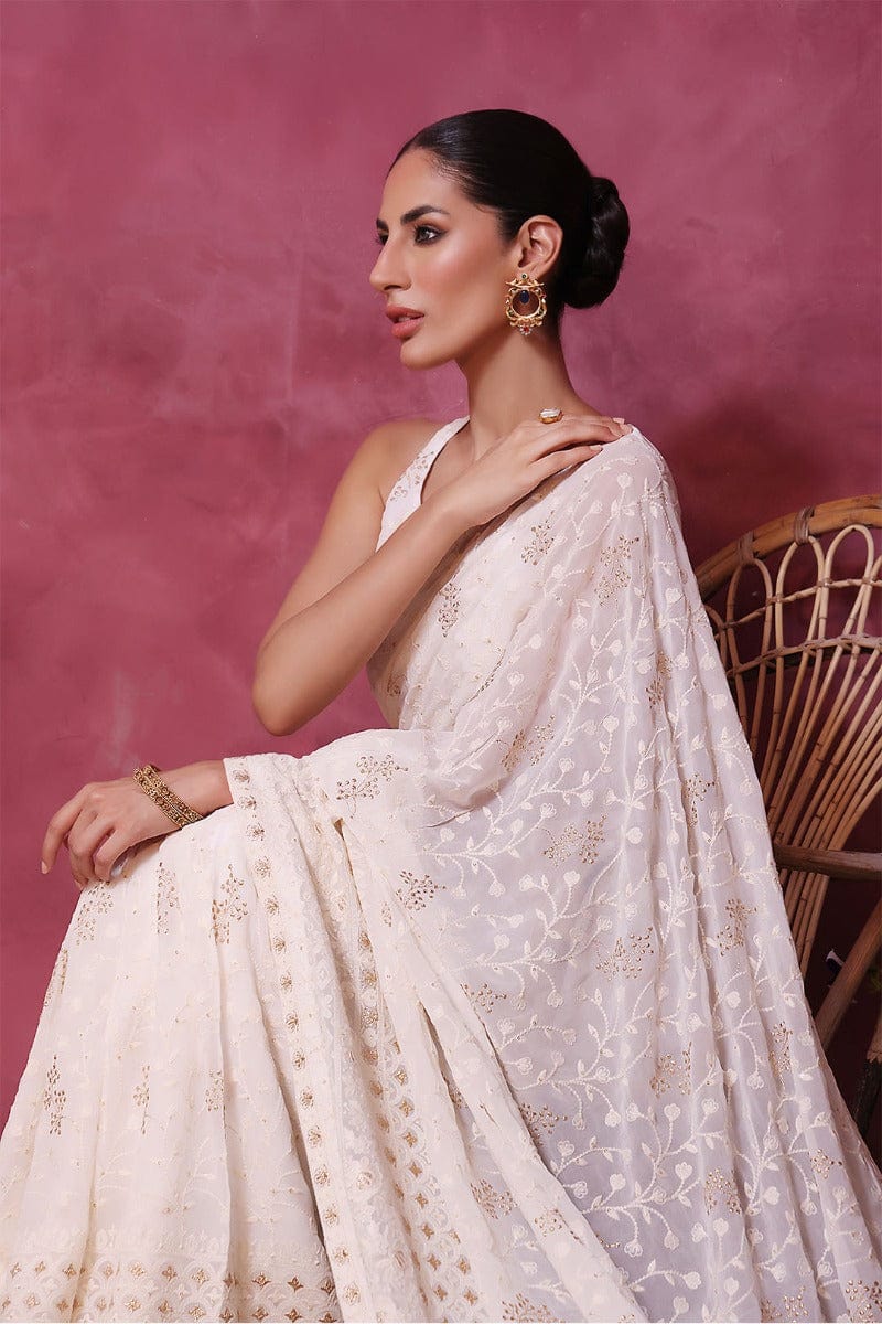 Sanas - Chicken Kari Saree - SHIREEN FESTIVE - SR202266 - Ivory